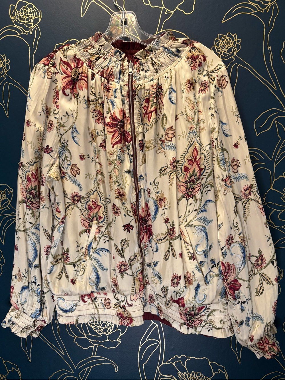 CHICOS floral BOMBER JACKET reversible IVORY BURGUNDY zip front SIZE 2 LARGE